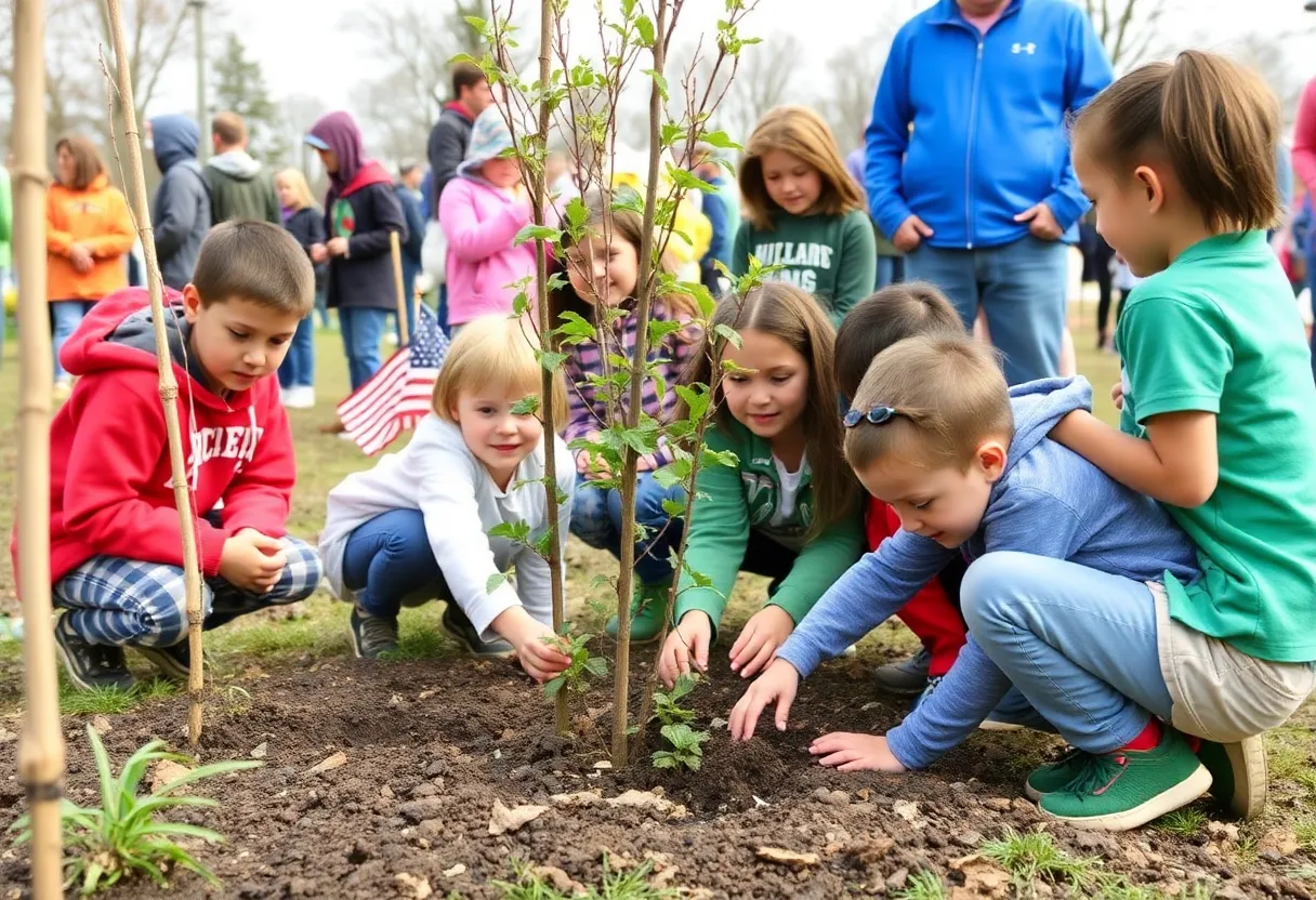 Children participating in Arbor Day tree planting activities.