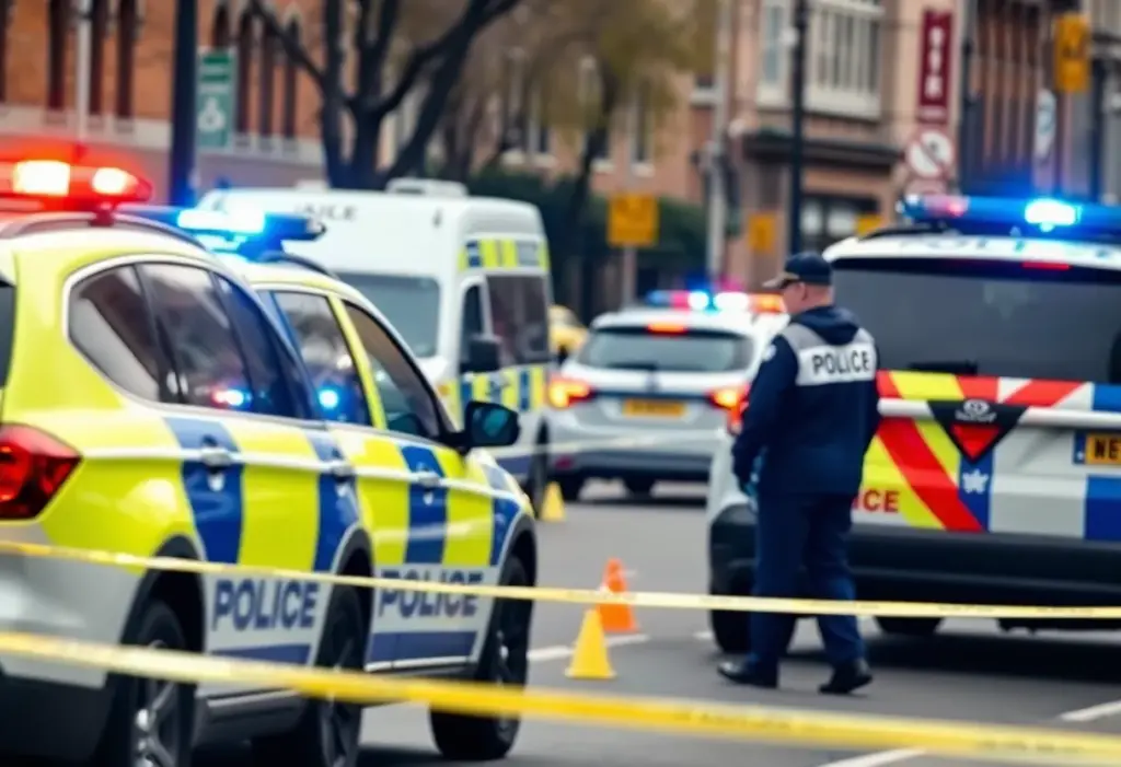 Police investigation in an urban area with evidence markers.