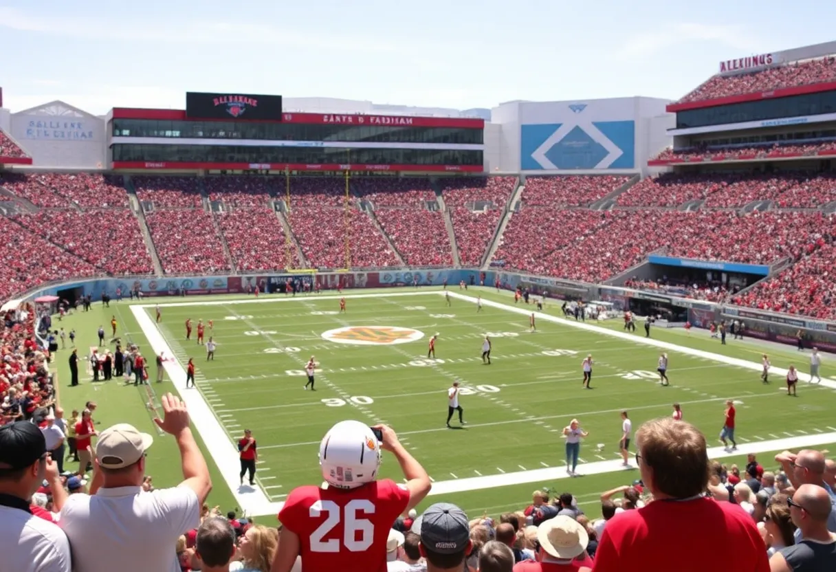 Las Vegas Raiders players celebrating a touchdown during a home game at Allegiant Stadium.