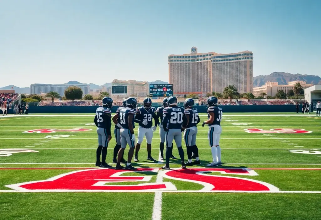 Las Vegas Raiders players in a huddle during a game.