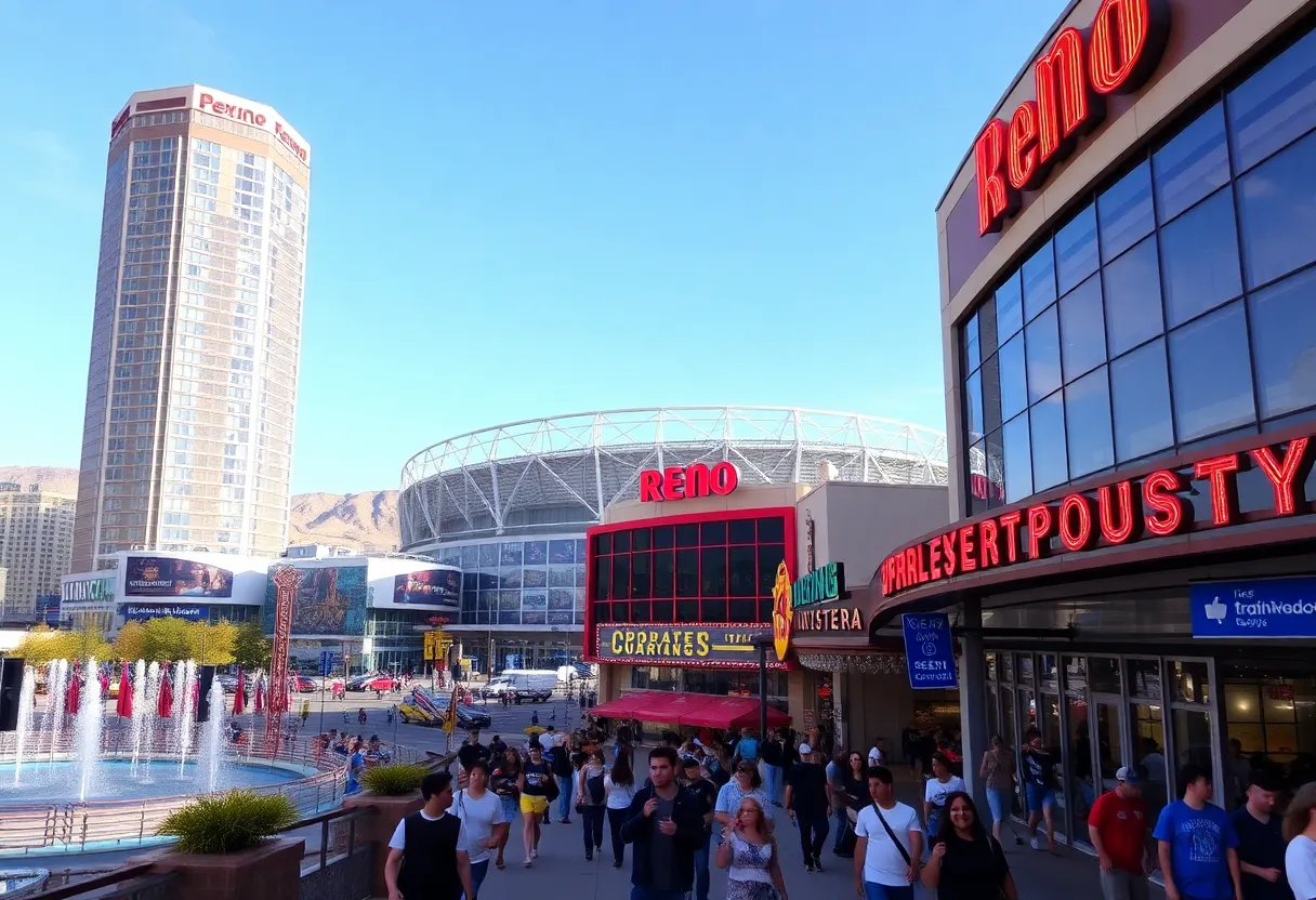 Reno city skyline with sports arena and entertainment venues