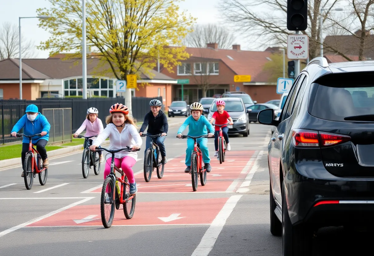 Children riding bicycles in a school zone with marked bike lanes
