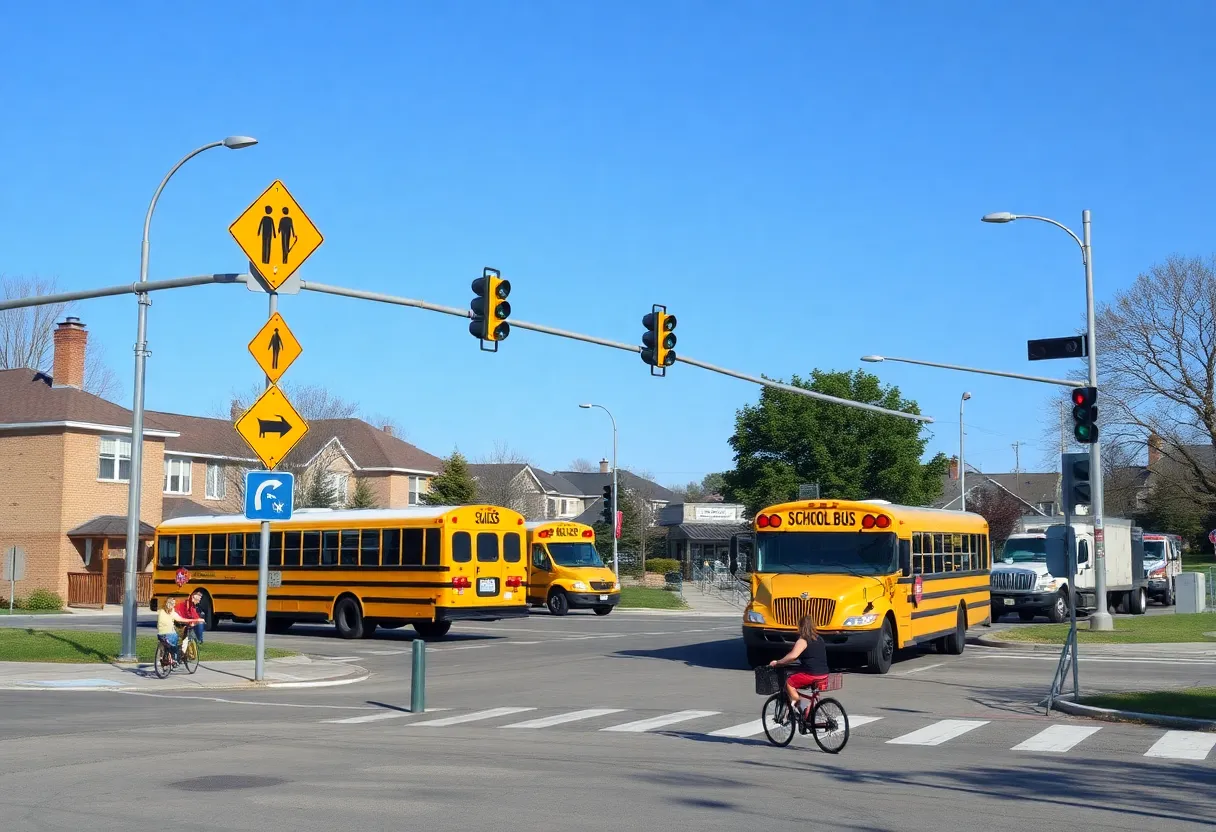A school intersection with bicycles and buses illustrating safety concerns