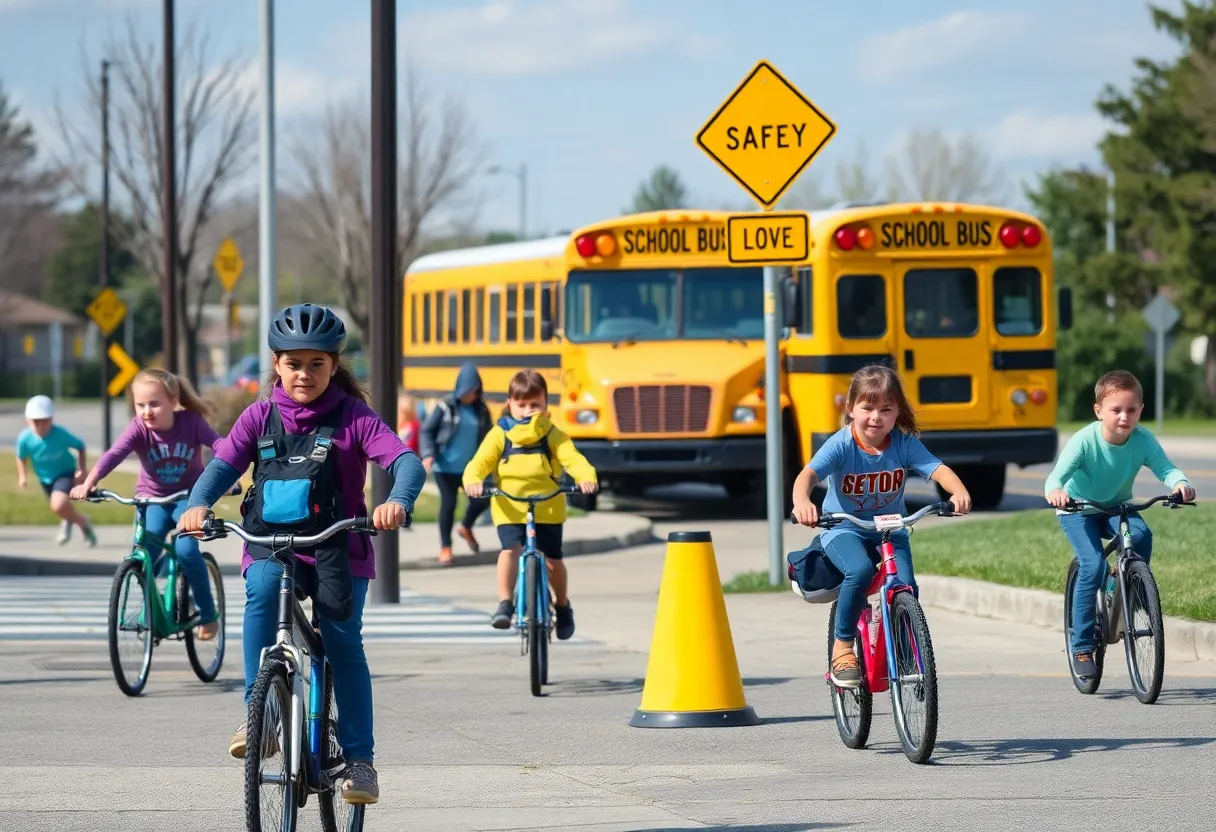 A school zone with students biking and walking, highlighting safety measures.