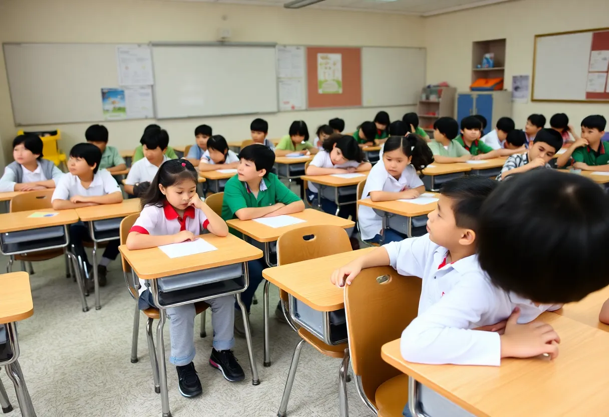 Students engaged in an earthquake safety drill in a classroom setting.