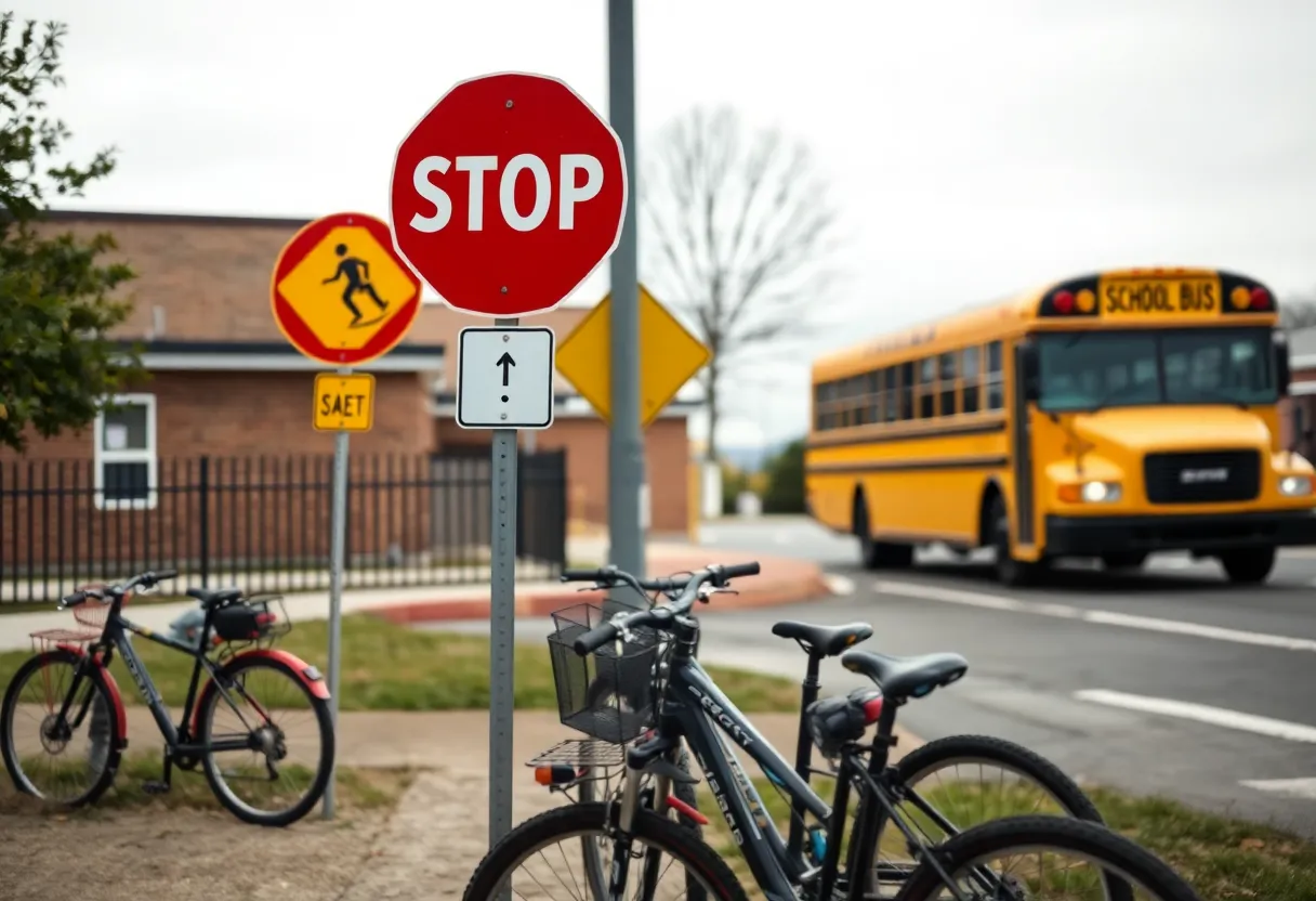 Traffic safety signs outside a school