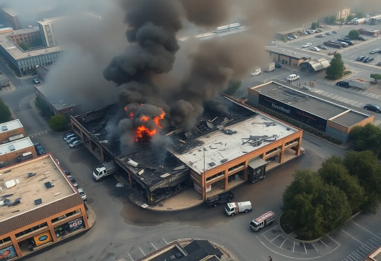Aerial view of the burned University Gardens Shopping Center