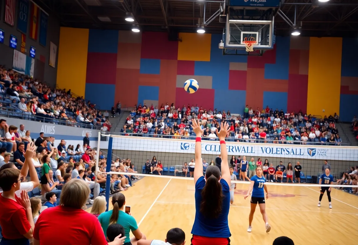 UNLV Volleyball team playing against Grand Canyon with fans cheering in the background.