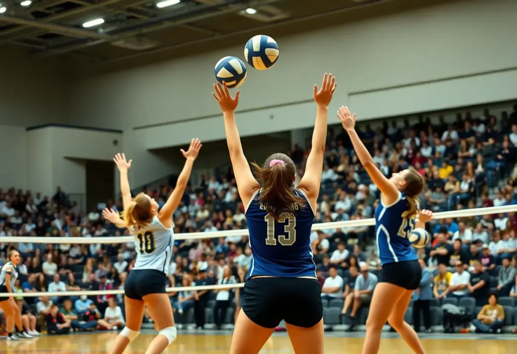 UNLV volleyball players competing in a match against San Diego State