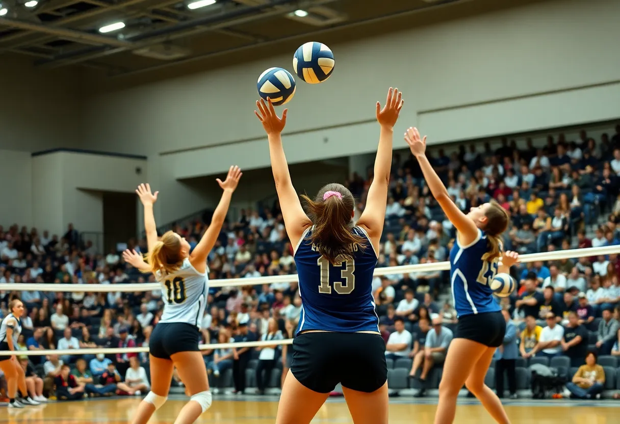 UNLV volleyball players competing in a match against San Diego State