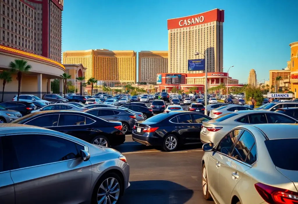 Valet service area at a Las Vegas casino with various parked cars.