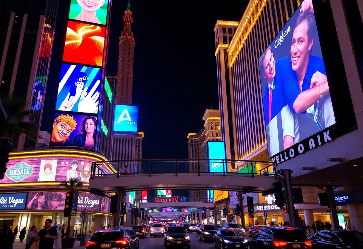 Digital advertising towers on the Las Vegas Strip showcasing vibrant ads