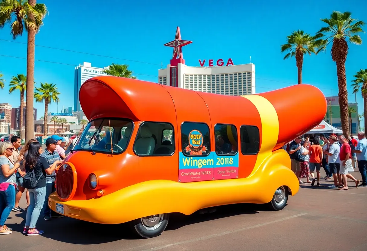 Oscar Mayer Wienermobile parked in Las Vegas with excited crowd
