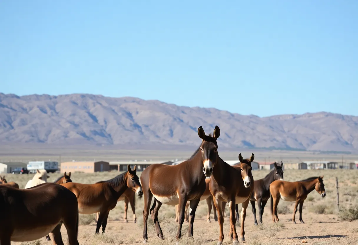 Wild burros roaming near a residential area in Beatty, Nevada.
