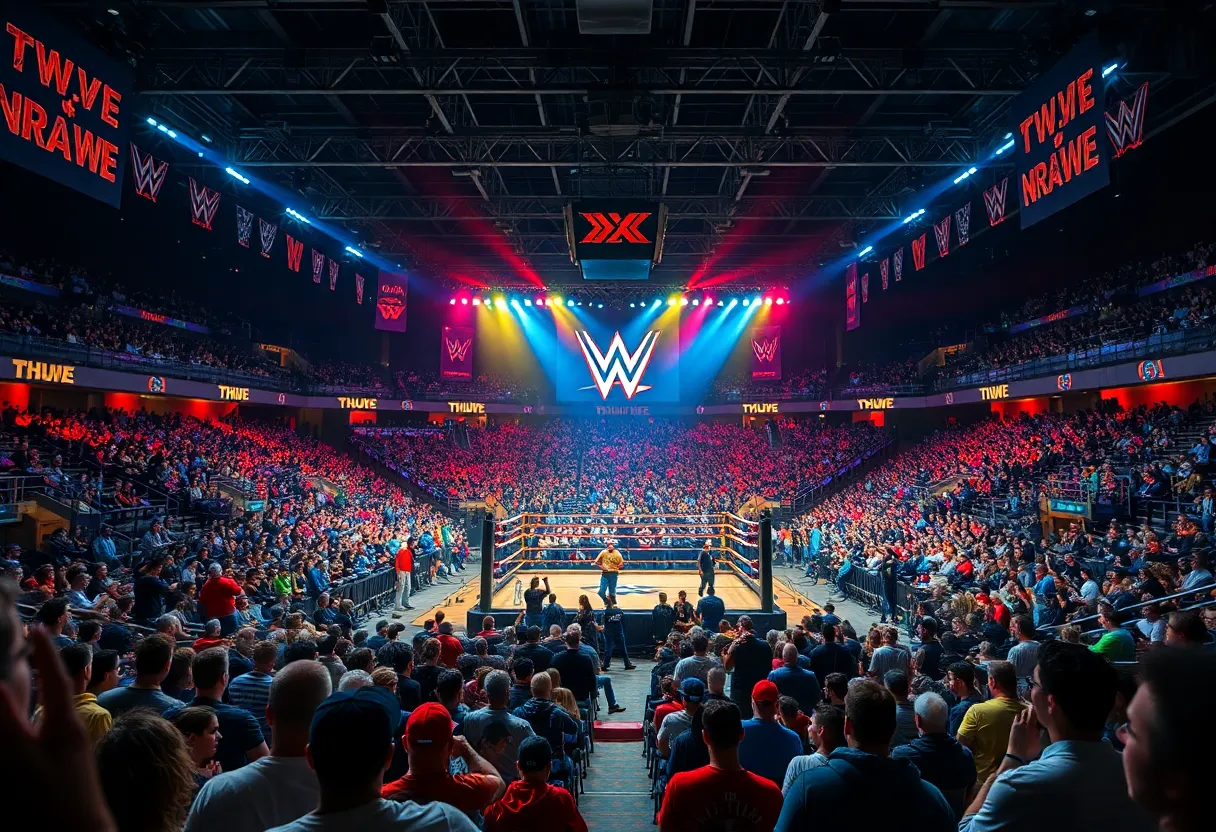 View of a packed wrestling stadium during WrestleMania