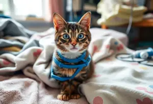 Yoshi the cat resting comfortably in a foster home after surgery.