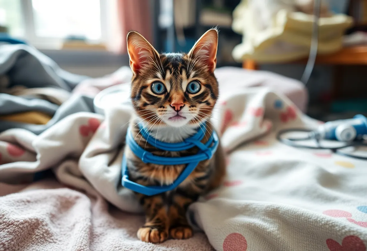 Yoshi the cat resting comfortably in a foster home after surgery.